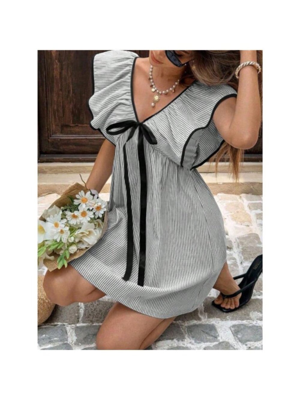 Striped Ruffle Sleeve Mini Dress - Picture 8 of 13